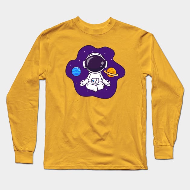 Cute Astronaut Meditation Yoga In Space With Planet  Cartoon Long Sleeve T-Shirt by Catalyst Labs